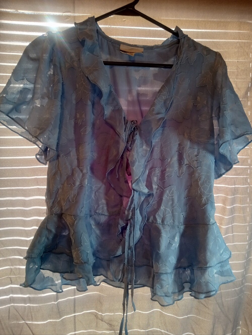 Jules & Leopard Sheer Ruffle Tie-Front Blouse - Blue